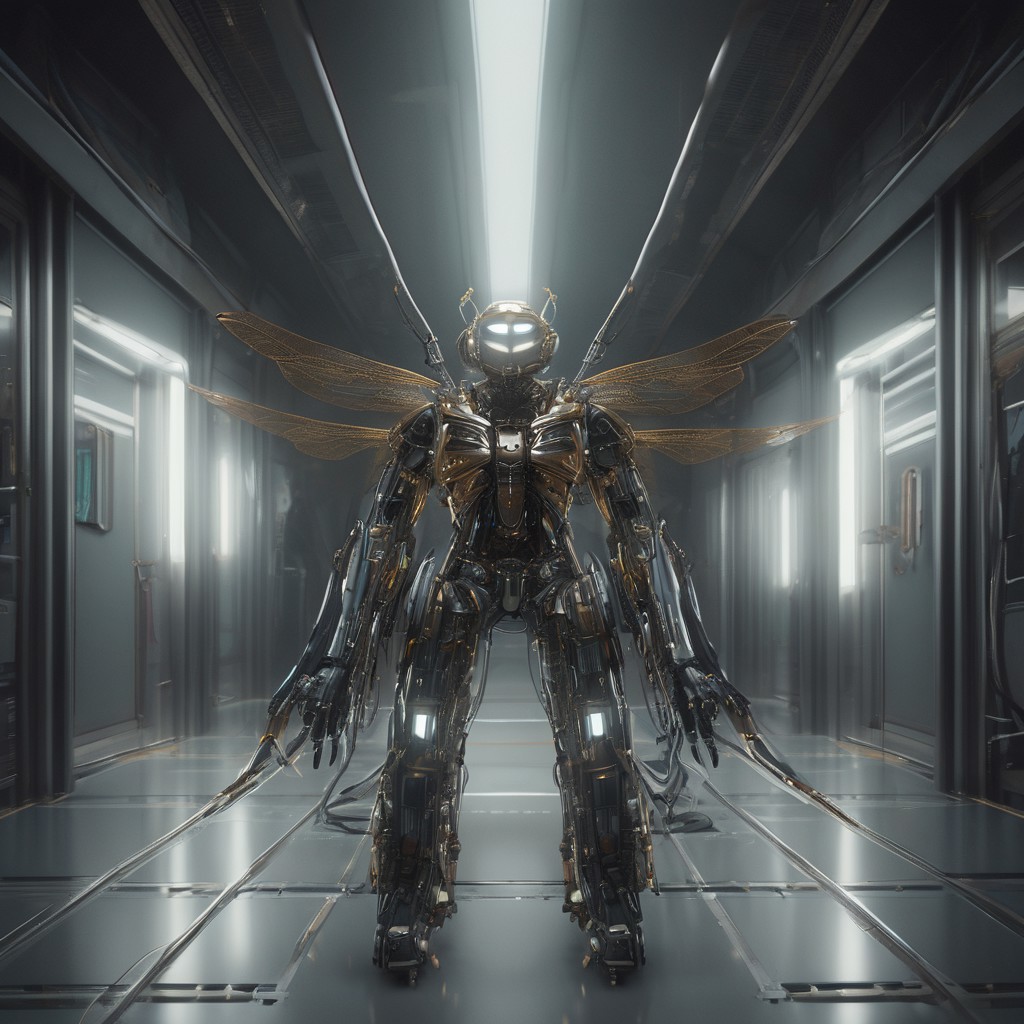 masterpiece, best quality, dramatic lighting, Nqu4ntum, a dragonfly robot  (qu4ntum style), in the corridor of the spaceship, ray tracing, Cinematic Lighting