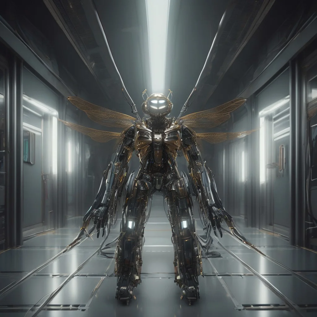 masterpiece, best quality, dramatic lighting, Nqu4ntum, a dragonfly robot (qu4ntum style), in the corridor of the spaceship, ray tracing, Cinematic Lighting