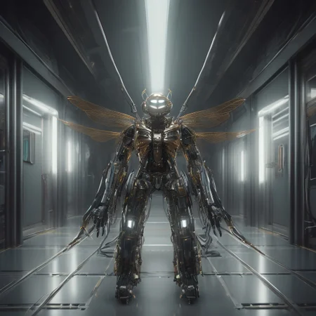 masterpiece, best quality, dramatic lighting, Nqu4ntum, a dragonfly robot (qu4ntum style), in the corridor of the spaceship, ray tracing, Cinematic Lighting