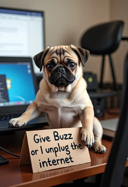 Amateur photography of a small photo realistic fawn pug puppy sitting on a computer chair in a home office. The pug is next to a laptop on a desk and has his paw on the power cord. There's a sign in the picture that clearly read, "Give Buzz or I unplug the internet". The pug is looking at the viewer. There's no logo on the screen.