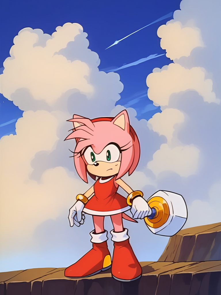 score_9, score_8_up, score_7_up, score_6_up, source_anime, zPDXL, <lora:ALTXL_pony_0061_8:1>, BREAK
1girl, solo, full body, <lora:Sonic_OVA:1> sonic_ova, Amy Rose, shortstack, flat chest, red dress, red boots, white gloves, gold bracelet, anime screenshot, anime coloring, cloud, scenery, sky, toy hammer,
