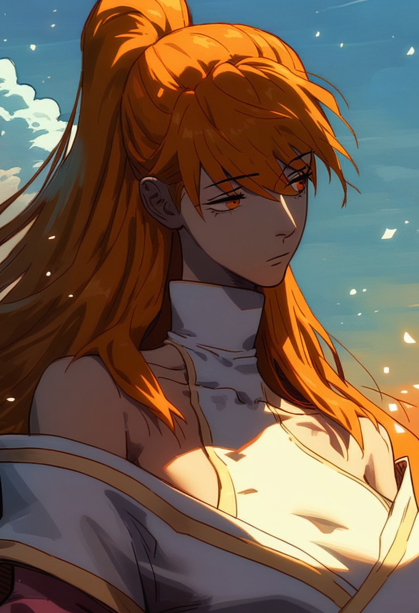 (score_9, score_8_up, score_7_up), 
xiaoninger, 1girl, ponytail, long hair, orange hair, bangs, orange eyes, bare shoulder, breasts, collarbone, hair between eyes, white dress, kimono, sash, two tones dress, turtleneck, masterpiece, best quality, outdoors, dynamic pose, dynamic angle,light particles, looking away, beautiful face, mature, side boob, sky, day, upper body, head tilt, centered, half closed eyes, sexy pose