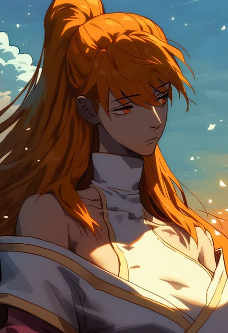 (score_9, score_8_up, score_7_up),
xiaoninger, 1girl, ponytail, long hair, orange hair, bangs, orange eyes, bare shoulder, breasts, collarbone, hair between eyes, white dress, kimono, sash, two tones dress, turtleneck, masterpiece, best quality, outdoors, dynamic pose, dynamic angle,light particles, looking away, beautiful face, mature, side boob, sky, day, upper body, head tilt, centered, half closed eyes, sexy pose