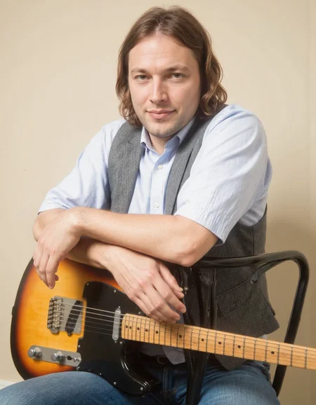 <lora:DAVID_GILMOUR:1>This photograph features a man sitting in a relaxed pose, leaning slightly forward with his arms crossed. He has shoulder-length, dark brown hair that falls naturally around his face. The man is wearing a light blue, short-sleeved button-up shirt with vertical stripes, paired with a grey, sleeveless vest. He is also wearing blue jeans. His expression is calm and slightly smiling.
In front of him, on a black chair, lies an electric guitar with a distinctive sunburst finish, transitioning from a dark brown at the head to a lighter yellow at the body. The guitar's neck is positioned towards the man, with the body resting on the chair. The man's right hand is placed on the guitar, suggesting he may be a musician or enthusiast.
The background consists of a plain, light beige wall, providing a neutral backdrop that highlights the subject. The lighting is soft and even, casting gentle shadows and highlighting the textures of the man's clothing and the guitar. The overall mood of the photograph is casual and intimate, capturing a moment of relaxed enjoyment.