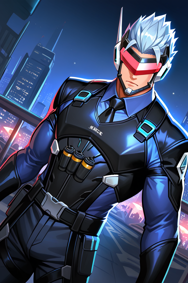 realistic shading, dimlighting, backlighting, blindfolded-male focus, expressive serious face, saberregulator, red_saberregulator_tinted eyewear, light blue_saberregulator_spiked hair, grey-blue_saberregulator_single ear antenna, black_chin-headpiece, 1boy, shiny skin, standing, cool pose, alternate costume, formal cosplay, blue suit, collared shirt, pants, cowboy shot, night outdoors cityscape, citylights, dark environment, shadow, foreshortening, dutch angle, dynamic angle, dynamic action, intricately detailed illustration, cinematic, depth of field, atmospheric perspective, masterpiece, best quality, amazing quality, very aesthetic, absurdres, newest