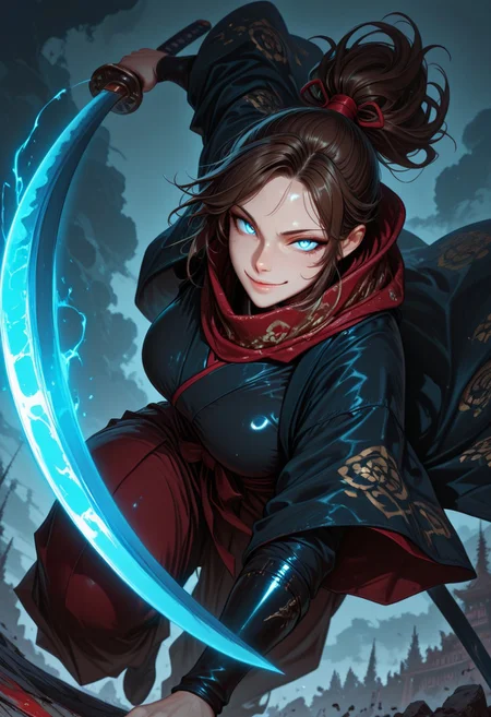 masterpiece, best quality,high quality, newest, highres,8K,HDR,absurdres, 1girl, mature female, solo, ponytail, long dark brown hair, glowing blue eyes, slit pupils, sexy smile expression, black and red checker patterned scarf, black kimono, haori, hakama pants, katana, samurai fantasy battlefield, stormy sky, dynamic pose, intense lighting, detailed background, depth of field, dynamic composition, foreshortening, detailed background, dynamic pose, dynamic composition,dutch angle, detailed backgroud,foreshortening,blurry edges <lora:iLLMythG0thicL1nes:1> G0thicL1nes