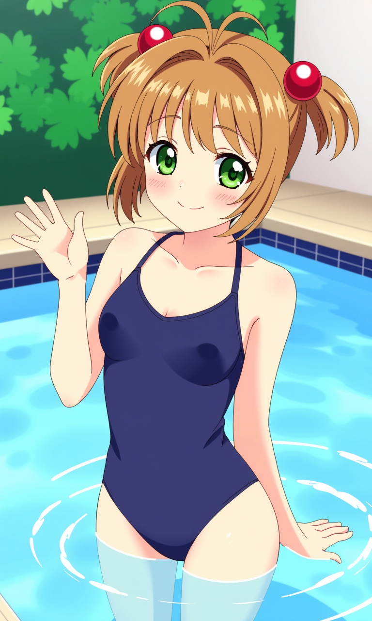 Kinomoto Sakura, smiling, looking at viewer. She is wearing a dark blue one-piece swimsuit, in swimming pool, his clothes are wet, she is blushing, she has green eyes, She has light brown hair styled in two pigtails with red hair ties, waving for the photo.