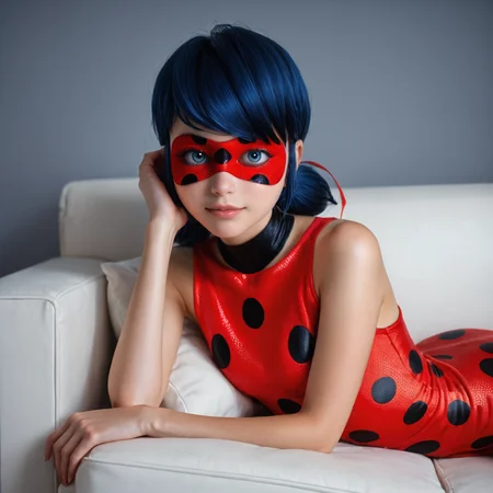 Ladybug in dress, 1girl, domino mask, blue hair, cuitie face, beautiful blue eyes, photorealism, sexy smily for photo sitting on couch 