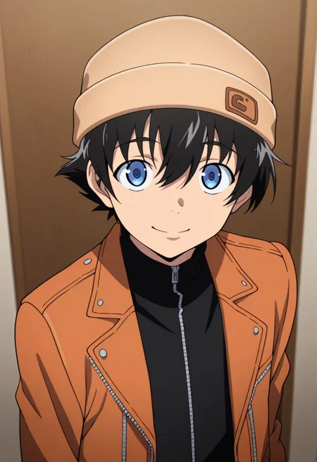 masterpiece,best quality,amazing quality, source_anime,
YukiteruAmano, 1boy, male focus, solo, blue eyes, black hair, beanie, brown headwear, black shirt, turtleneck, zipper, jacket, brown jacket, open jacket, smile,
