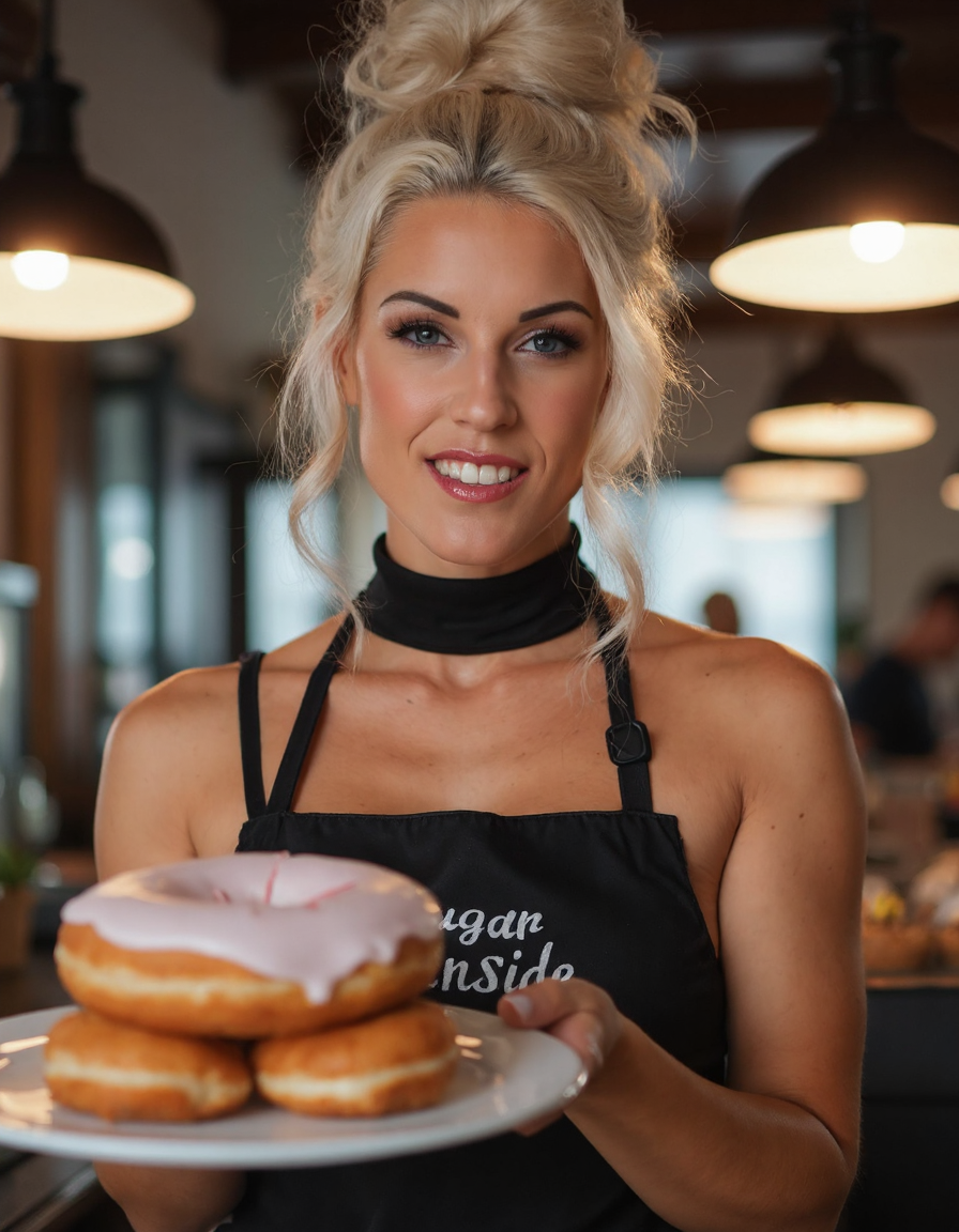 a woman, behind the counter of a bakery, cafe background, offering a creampie donut on a platter. her hair is up in a messy bun with front strands coming down on the side of her face. The girl is wearing nothing but a high neck skimpy apron. (((Her apron has text that reads âSugar insideâ))). she smiles seductively