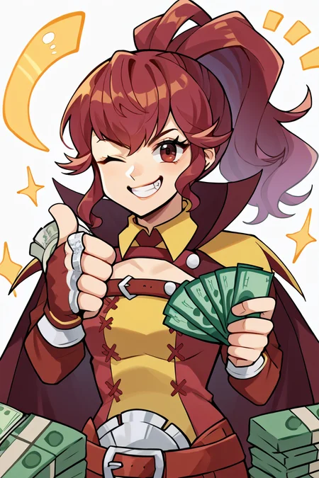 score_9, score_8_up, score_7_up, score_6_up, source_anime BREAK 1girl, solo, <lora:feanna-pdxl-nvwls-v1-000005:1> fe13Anna, red hair, ponytail, red and yellow tunic, maroon cape, belt, fingerless gloves, red pants <lora:gangstersb-guy-PONYv1:1> gangstersb, thumbs up, one eye closed, grin, smile, money, holding money, portrait, cropped torso, casino