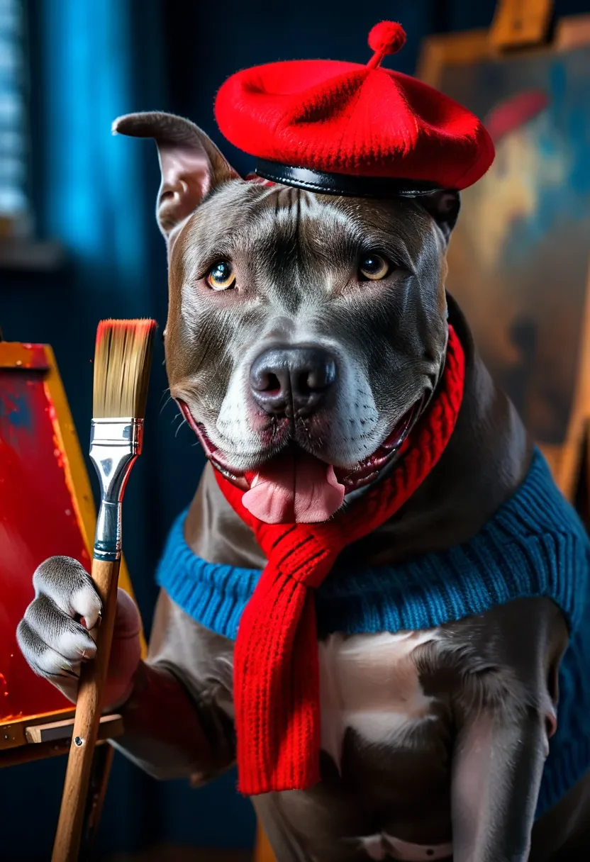 high quality, front facing professional portrait photo of a happy Gray Pitbull looking at viewer, wearing a red French beret, blue sweater, and holding a paintbrush on a painters easel, vivid reflections, ultra detailed, insane texture, HDR, focus stacking, soft bokeh, 8K, award winning studio photography, (dark rim lighting:1.2), range smokey glow background, cinematic, vignette <lora:Gray Pitbull Dog:1> <lora:MJ52:0.4>