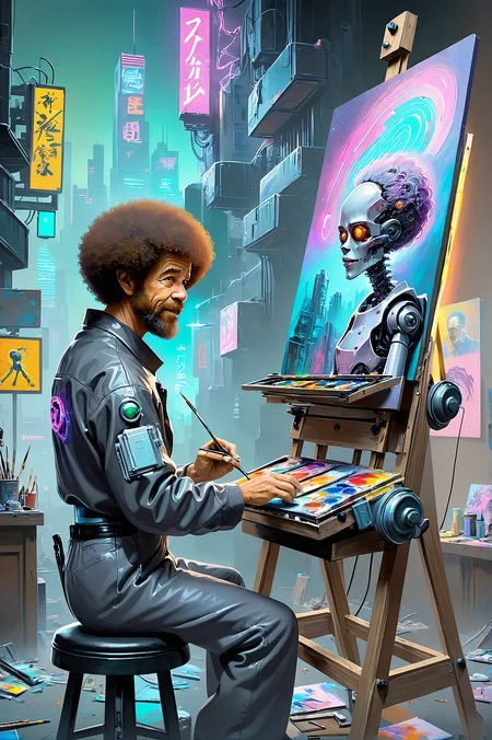Joy of painting, Bob Ross cyborg at an easel, painting a cyberpunk picture which looks like an AI painted picture, cyberpunk style <lora:offset_0.2:1> <lora:cyberpunk_xl_v1:1>
