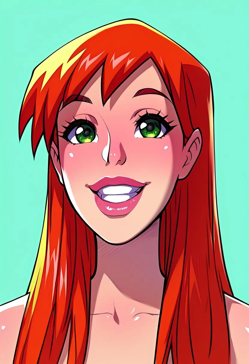score_9, score_8, score_8_up, score_7_up, score_6_up, score_4_up (Ultra detailed portrait of a happy laughing Mary Jane Watson in Melkor Mancin Style), (thin lips), (perfect teeth), (detailed symmetric eyes), (head and shoulders portrait of a Mary Jane, Marvel, green eyes, orange hair), (Jabstyle), (juliah, red hair, thin lips, long hair, green eyes), (masterpiece), (hyperdetailed portrait), (perfectly proportional face, intricately designed thin lips, ultra detailed face, cute eyes), (1girl, cute face, ultra detailed, beautiful eyes), (highest quality, high definition, ultra high-res), (best quality, highres), 2D, source_cartoon