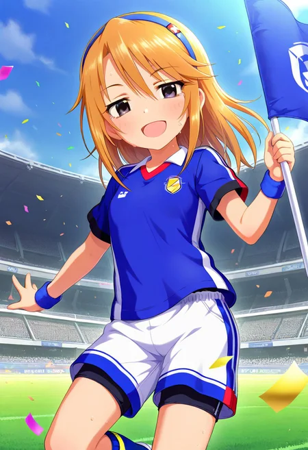 masterpiece,best quality,amazing quality, yuuki haru, orange hair, brown eyes, 1girl, stadium, confetti, shorts, wristband, flag, smile, soccer uniform, open mouth, hairband, solo, sky
