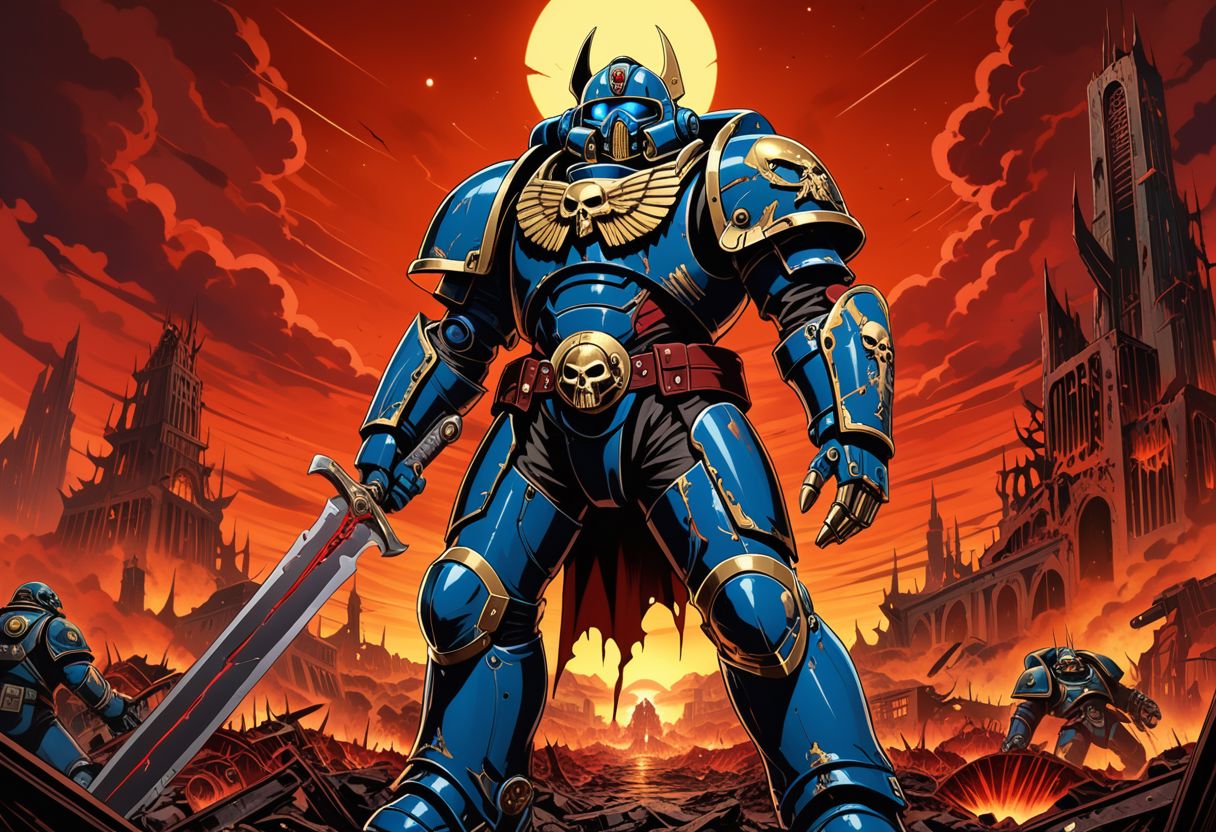 An intricately detailed 4K screencap from a high-budget modern anime production, with clean professional linework and vibrant colors. It depicts a 1man wielding a chainsword on a blasted hellscape, dilapidated ruined city, red skies, wearing a suit of sleek, shiny, gold and blue advanced power armor. warhammer40k, space marine, grimdark, symmetrucal goggles, symmetrical viser, symmetrical helmet, symmetrical armor, forces of chaos, khorn