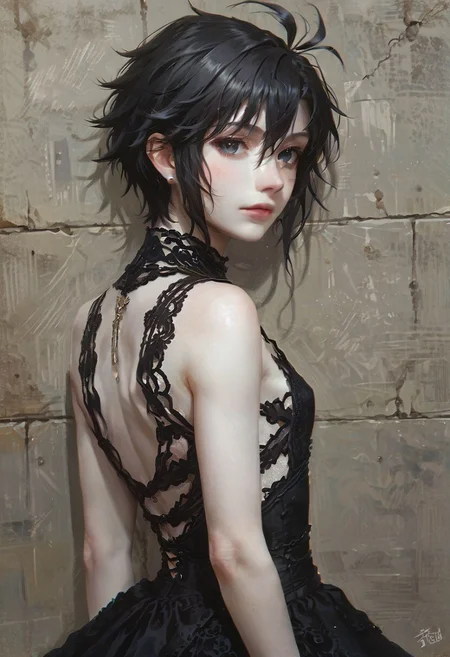 score_9, score_8_up, score_7_up, score_6_up, <lora:Worldly_XL:1> source_anime, cute, 1girl, solo, petite body, <lora:KikuchiMakoto_pony_v1:0.90> kikuchi makoto, kkcmkt, short hair, black hair, antenna hair, hair between eyes, black eyes, flat chest, small breasts, (pale skin:1.5), (far-set eyes:1.5), (lace dress:1.5), lace gloves, lace stockings, (back view:1.5)
zPDXL, zPDXL-neg