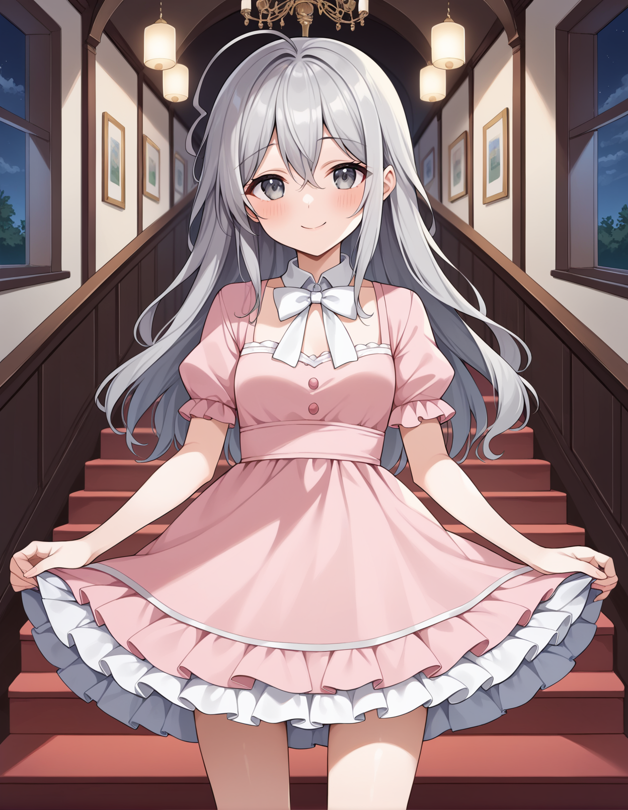 score_9, score_8_up, score_7_up, score_6_up, score_5_up, score_4_up, source_anime, rating_safe, BREAK <lora:syokoXL_LoRA-C3Lier_AdamW_Dim8_Alpha8_UN-3e-4_TE-1.5e-4_10batch_ponyDiffusionV6XL_v6StartWithThisOne:1>, hoshi syoko, 1girl, grey hair, long hair, ahoge, grey eyes, small breasts, smile, happy, closed mouth, blush, pink dress, white bowtie, white collar, frilled dress, layered dress, layered skirt, puffy sleeves, skirt pull, cowboy shot, facing viewer, looking at viewer, stairs, carpet, chandelier, window, night, night sky, cloud