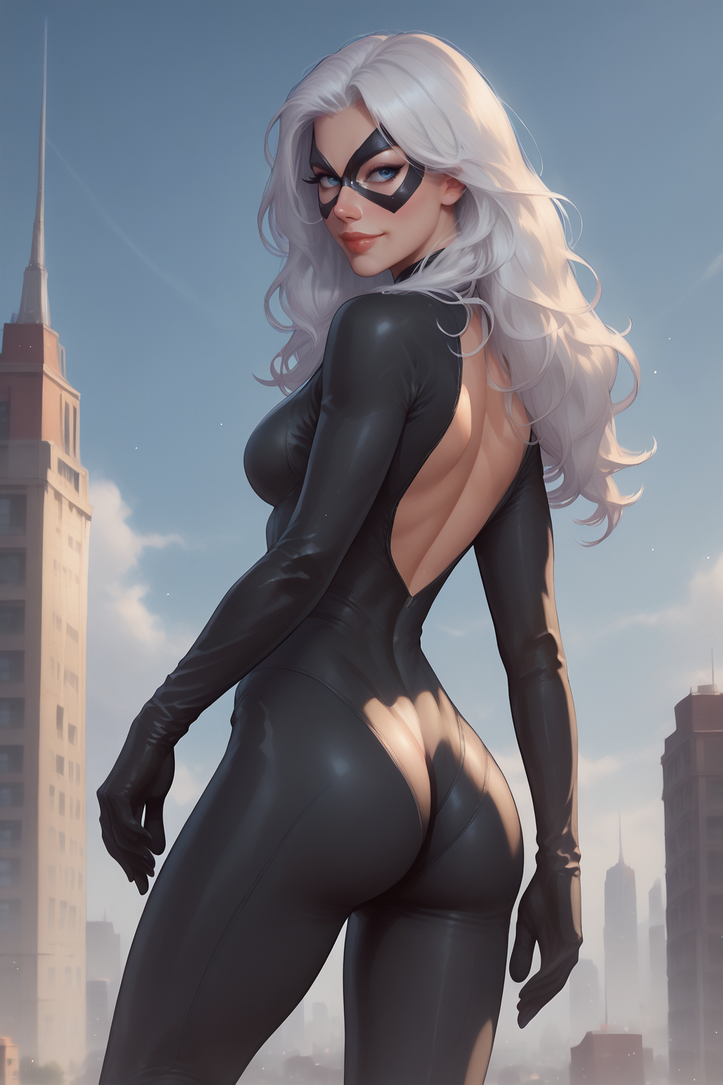 <lora:BlackCatpony10:1>,
score_9,score_8_up,score_7_up,
BlackCat,1girl,solo,ass,long hair,looking back,white hair,breasts,domino mask,bodysuit,mask,black_cat_\(marvel\),looking at viewer,skin tight,from behind,blue eyes,gloves,superhero,lips,medium breasts,clothing cutout,smile,standing,