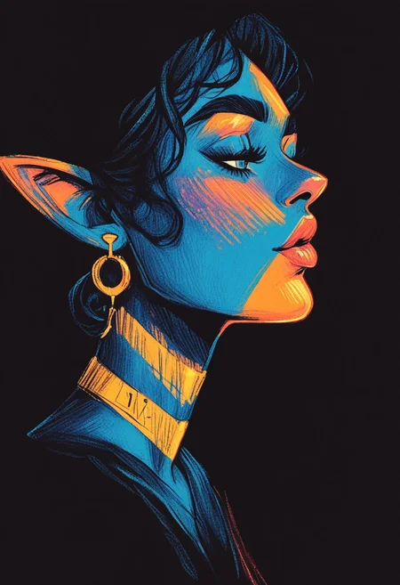 score_9, score_8_up, score_7_up, score_6_up, aesthetic, s1_dram, ncpy13 style, pastels drawing, deep black background, Using deep blue, gold and black colors, prostitute, elf, slutty, whore