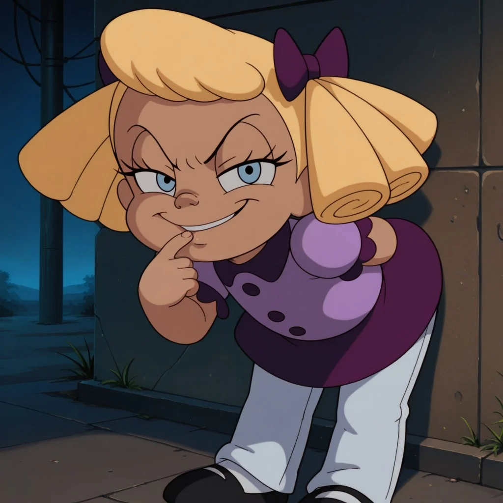masterpiece, best quality, amazing quality, official style, m4ryd4h1, female, solo, human, blonde hair, curly hair, blue eyes, eyelashes, short, purple hairbows, collar, short sleeved, purple dress, buttons, (white pants, long pants), white socks, black shoes, leaning forward, evil smirk, shushing, shh, finger on mouth, looking at viewer, outdoors, dark, alleyway