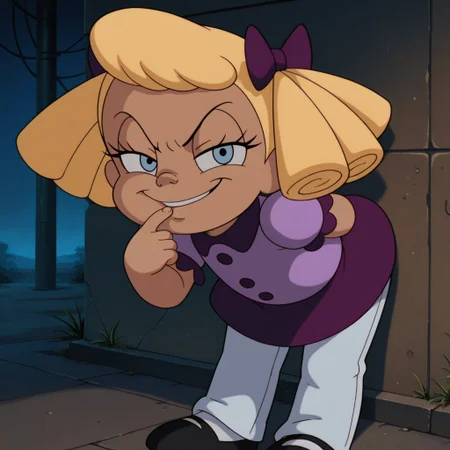 masterpiece, best quality, amazing quality, official style, m4ryd4h1, female, solo, human, blonde hair, curly hair, blue eyes, eyelashes, short, purple hairbows, collar, short sleeved, purple dress, buttons, (white pants, long pants), white socks, black shoes, leaning forward, evil smirk, shushing, shh, finger on mouth, looking at viewer, outdoors, dark, alleyway
