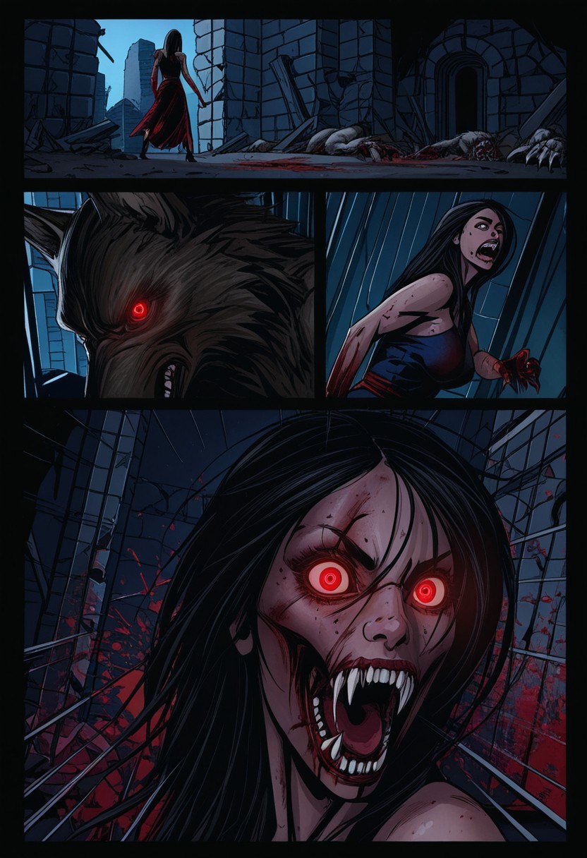 MASTERPIECE, AMAZING QUALITY, PORTRAIT, 1GIRL, H3LLZ, COMIC, WEREWOLF, UNDEAD, GLOWING EYES, RUINS, BLOODY, SPLATTER, DARK