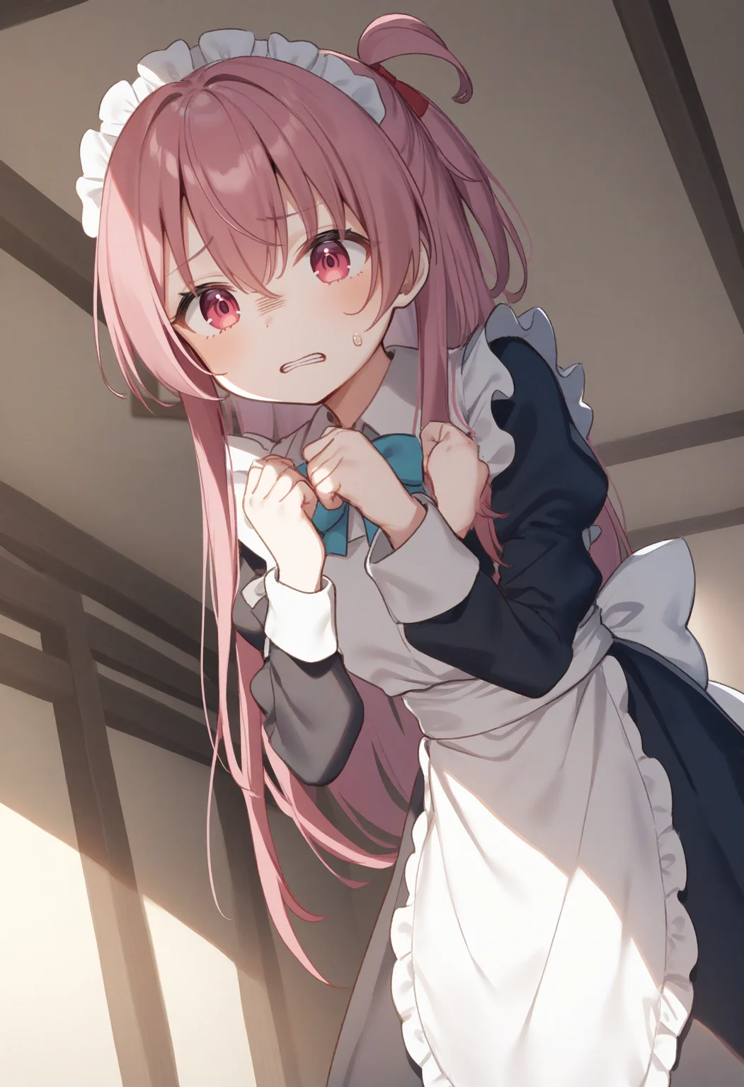 1girl,sincos, ningen mame, toosaka asagi,solo,medium breasts,20yo,maid,maid headdress,
donbiki,<lora:donbiki_XL_v1:0.7>
sweatdrop, looking at viewer, shaded face, turn pale, jitome, disgust, gloom (expression), d:, frown, empty eyes, no pupils, clenched teeth, hands up,
ceiling, full body, pink hair, pink eyes, town, folded ponytail hair,,
best quality, very aesthetic, absurdres