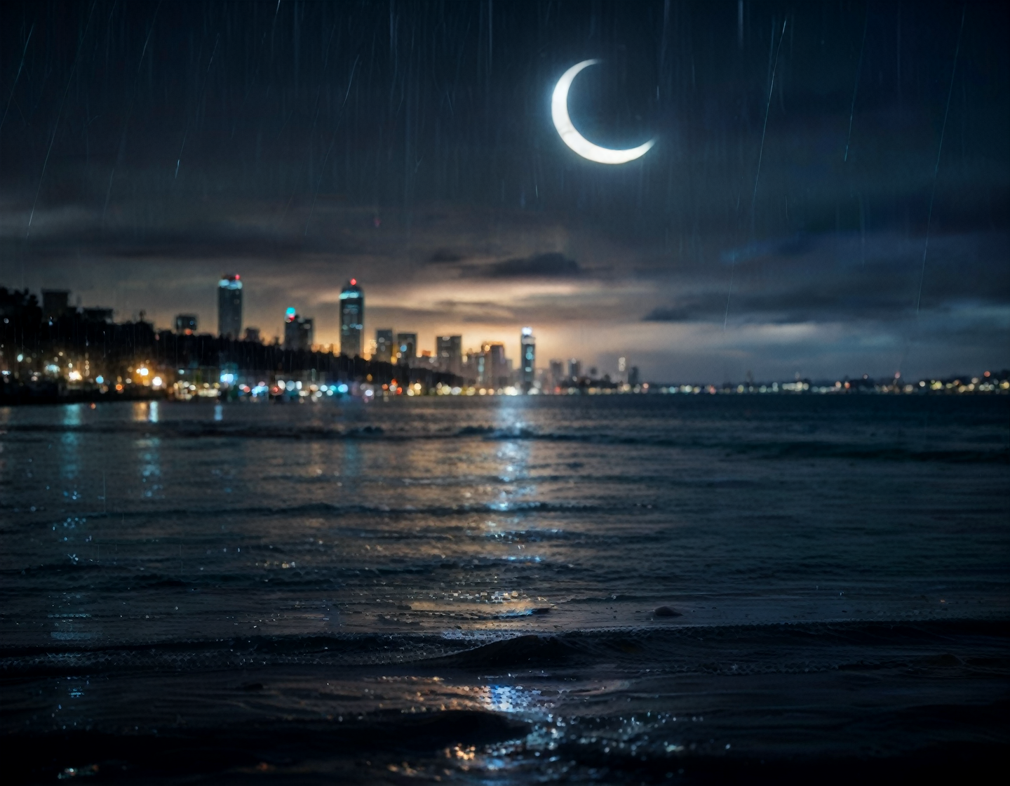 (real life,  score_7_up, score_8_up, score_9_up, detailed beautiful urban city landscape, bloom, volumetric lighting,  <lora:Blue_Scene:0.78> bluescene, rain, wet, night, silhouette, ocean, crescent moon, depth of field,
