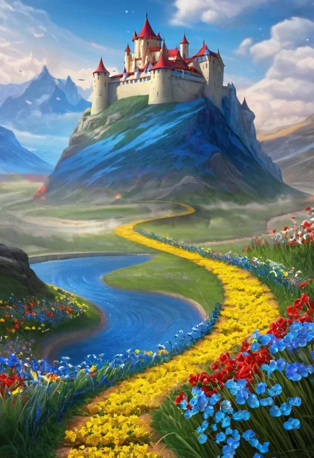 path, yellow path, field, field with flowers, flowers, blue and red flowers, grass, mountain in the background, river in the corner, focus on the yellow path, neufar, grass, clouds,castle, fantasy,background fantasy