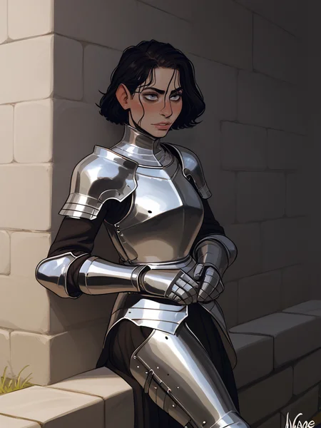 <lora:PlateArmor:1> knight, full armor, 1girl, black hair, <lora:1nc4s3XLP:1> 1nc4s3,