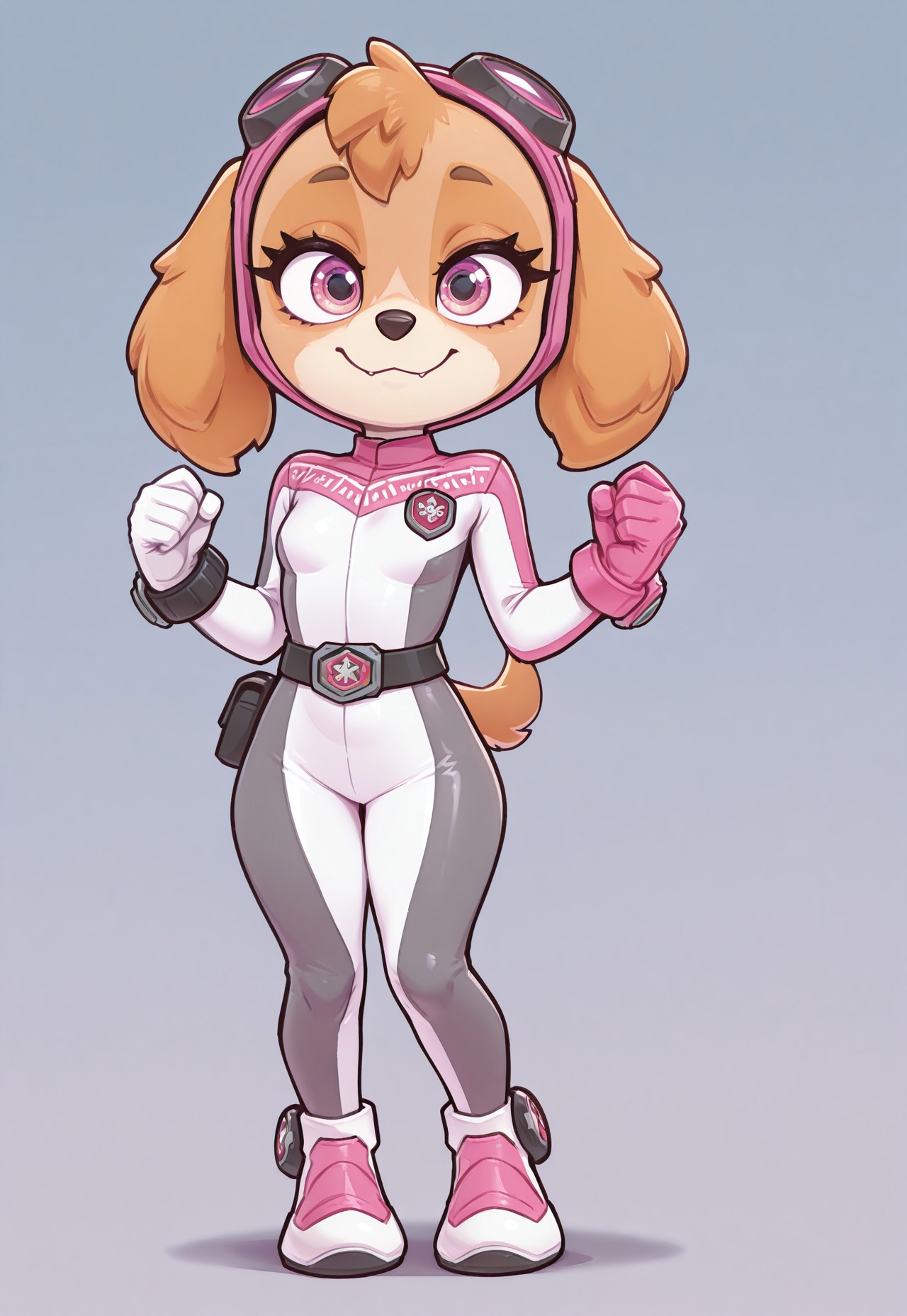 kawaii_babes_style,furry,1girl,detailed eyes,#furry cockapoo,milf,petite canine,shortstack,skye \(paw patrol\),\(PAW Patrol©\),show accurate proportions,(quadruped feral puppy),feral female,"brown eyebrows,animal nose","half-closed eyes,ultra-detailed-eyes,magenta eyes","black long eyelashes,thick eyelashes,three small eyelashes on each side,symmetrical eyelashes",short wavy tail,"pink headgear,perfect pink goggles",bun_pink,Bunbunger Bun Pink,
Pink glove right hand,white glove left hand,belt,two-tone bodysuit,pink-white bodysuit,tokusatsu,bracelet, Footwear,ankle tire,fighting stance,