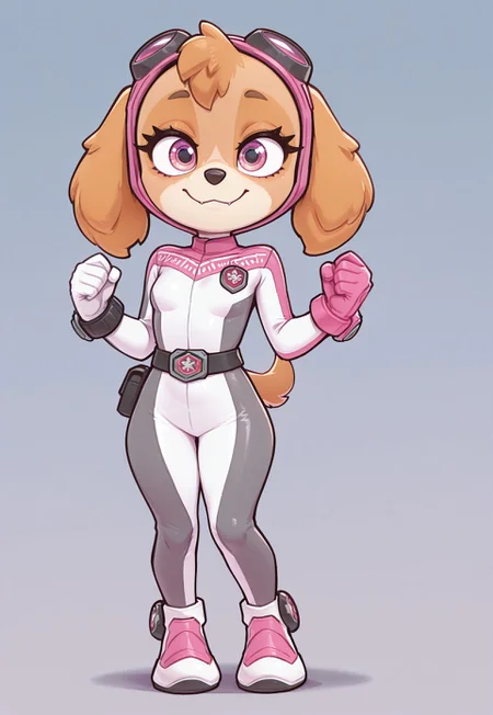 kawaii_babes_style,furry,1girl,detailed eyes,#furry cockapoo,milf,petite canine,shortstack,skye \(paw patrol\),\(PAW Patrol©\),show accurate proportions,(quadruped feral puppy),feral female,"brown eyebrows,animal nose","half-closed eyes,ultra-detailed-eyes,magenta eyes","black long eyelashes,thick eyelashes,three small eyelashes on each side,symmetrical eyelashes",short wavy tail,"pink headgear,perfect pink goggles",bun_pink,Bunbunger Bun Pink,
Pink glove right hand,white glove left hand,belt,two-tone bodysuit,pink-white bodysuit,tokusatsu,bracelet, Footwear,ankle tire,fighting stance,