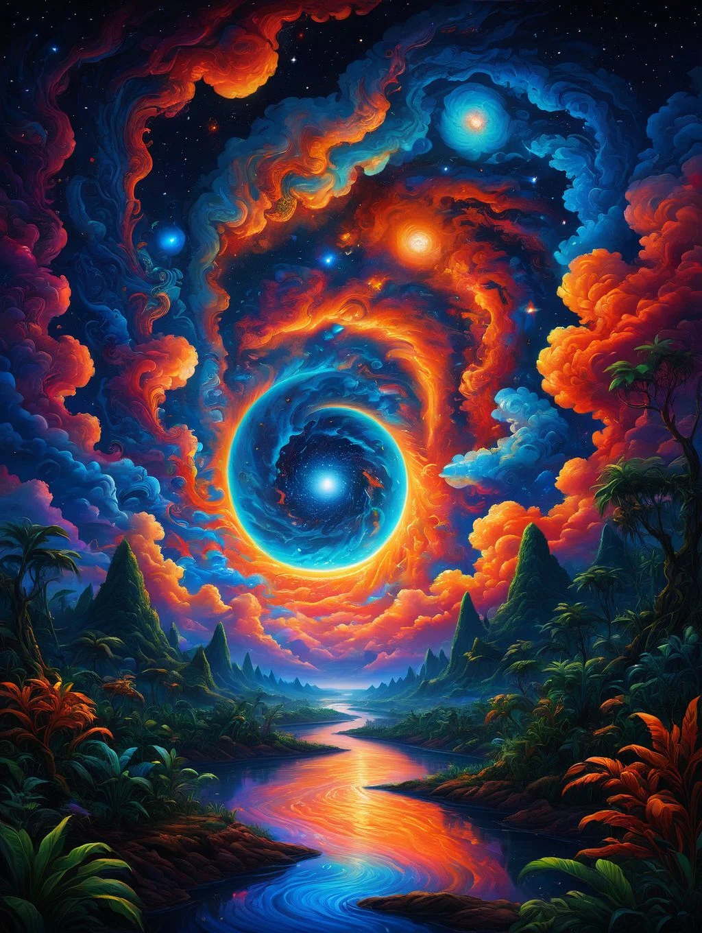 colorful sky with a bright orange and blue nebula, twisted clouds, visionary jungle on the banks of the river
PsyLand<lora:Psy_Land_XL:0.5>