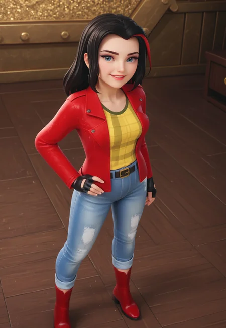 safe_pos, (zPDXL3) source_cartoon, solo, 1girl, full body, vicky_legofriends, black hair, streaked hair, jeans, fingerless gloves, red jacket, yellow shirt, boots, belt, indoors, art gallery, sexy, dynamic angle, looking at viewer, smiling,
