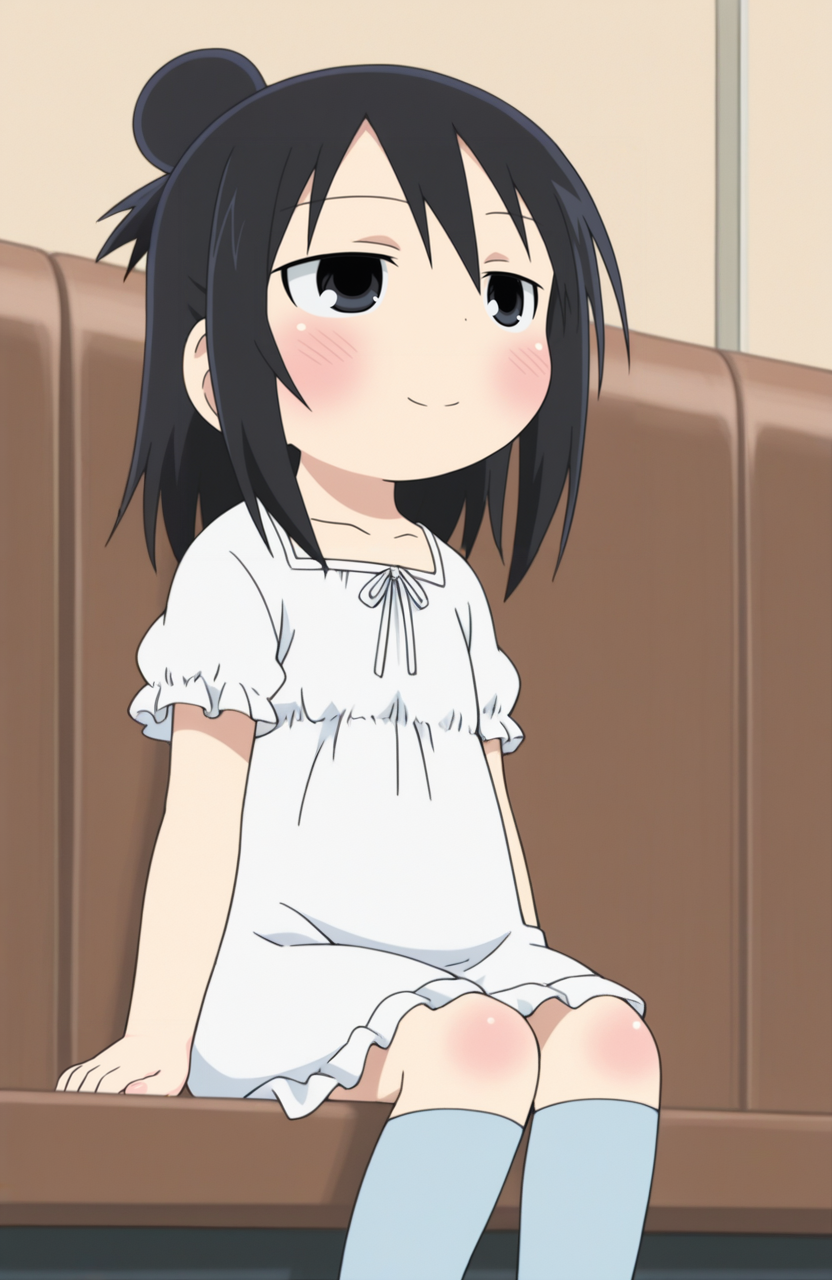 1girl, solo,
murai hitoha, black hair, blush, single hair bun, black eyes, child, white nightgown, blue over-kneehighs, no shoes, sitting, eyes looking upward, smile, deep in thought, contemplative vibe,
 <lora:Mitsudomoe:0.9> mitsudomoe, extremely detailed, highres, masterpiece, best quality