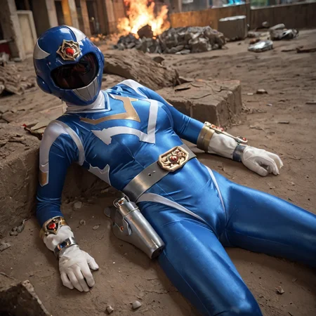 20yo, score_9, score_8_up, score_7_up, shiny oild skin, 
1girl, solo, large breasts, sentaisaintforce, blue bodysuit, silver belt, white gloves, spandex, wing-shaped chest symbol,  helmet removed, no headwear, 
holstered, handgun, holster, torn cloth, orgasm, 
 city ruin, rubble, lying, night, explosion, smoke, 
 <lora:Saint_Force:0.8>