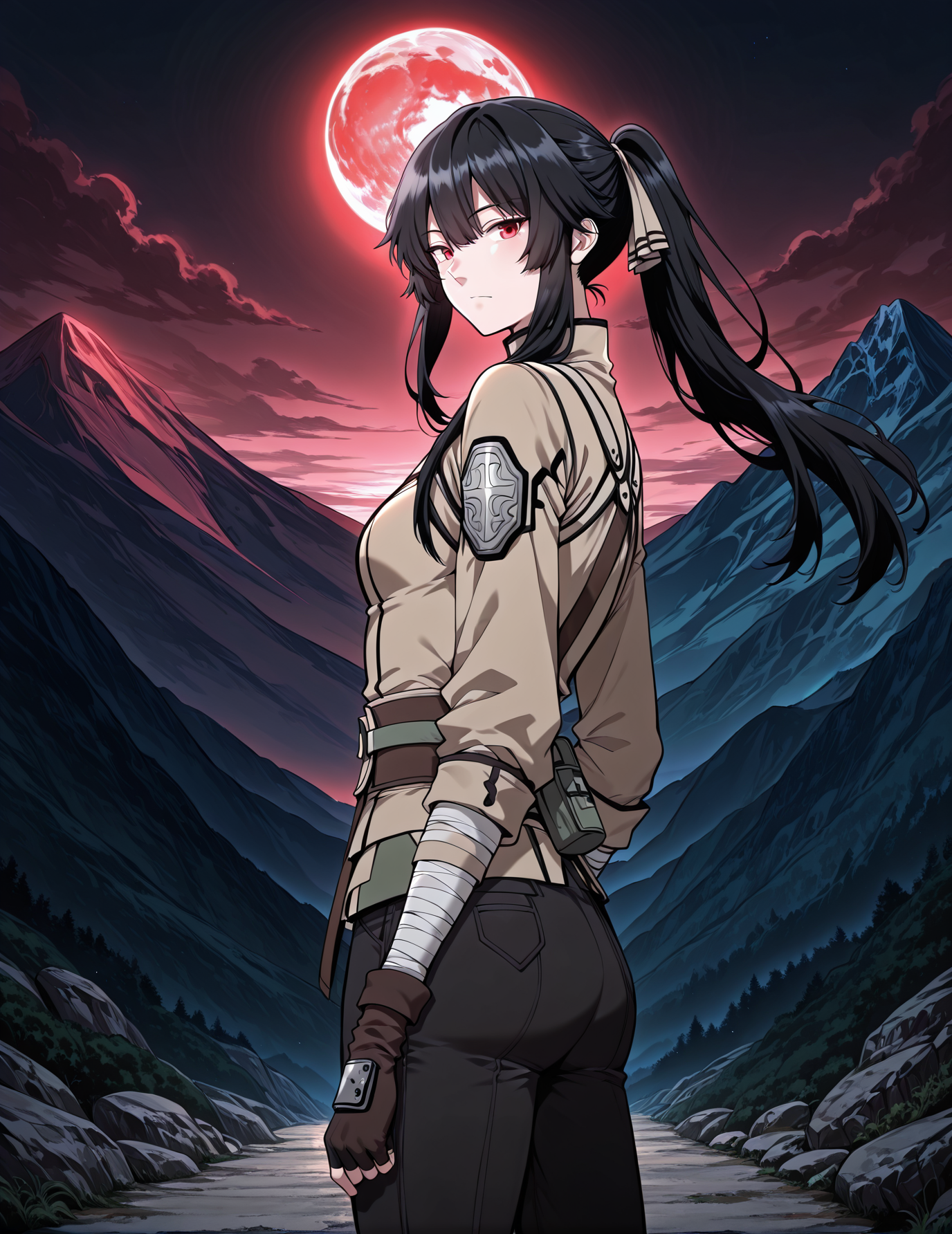<lora:Jasmine_Flamesworth__The_Beginning_After_the_End__Illustrious:1>
1 girls, solo, red eyes, black hair, long hair, ponytail, bangs, hair between eyes, sidelocks, small breasts,
brown jacket, greeb ribbon, fingerless gloves, long sleeves, black pants, black boots, bandages,
score_9, score_8_up, score_7_up, source anime, BREAK, cowboy shot, (from side), looking back, looking at viewer, overlooking mountain, high altitude, scenery, exterior, background, (solo), floating hair, night, red moon, <lora:iLLMythG0thicL1nes:1>