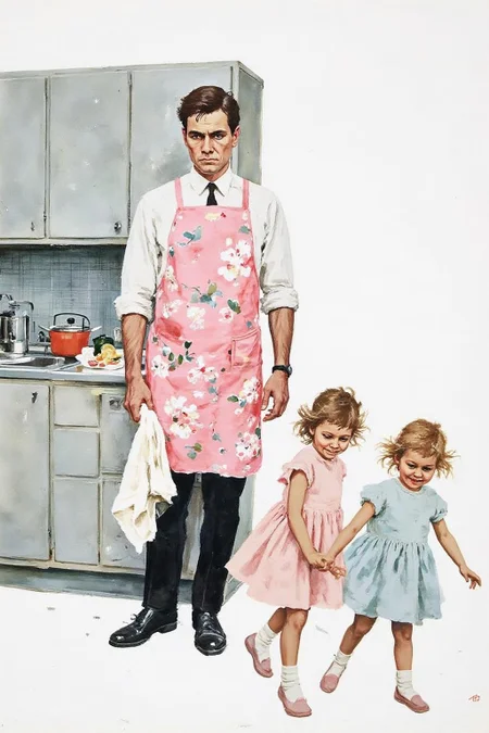 kard1 illustration. yawc1 watercolor
kard1 illustration
A father, and two little girls. The father, positioned centrally, is dressed in a white shirt, black trousers, and a pink apron adorned with a floral pattern. His hair is neatly combed, and he holds a towel in his right hand. He looks slightly stern, standing in front of a modern kitchen with a light-colored countertop and white cabinets.
To the right, two little girls are walking away while laughing at their father
<lora:kard1_cap_d6a3:1.0> <lora:yawcolor_nocap1_d4a2:0.7><lora:816547418683414256:0>