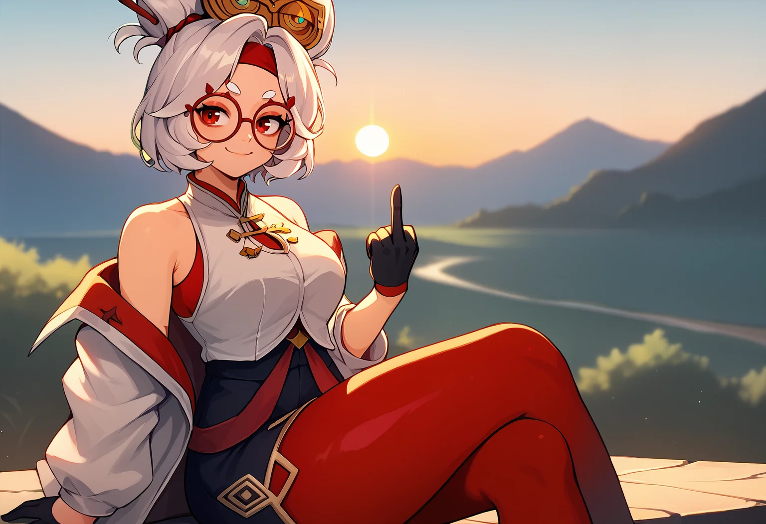 score_9, score_7_up BREAK 1girl, purah,white hair,red eyes,hair ornament, red headband, red glasses, sleeveless shirt, white coat, black skirt, red leggings, gloves,smug,middle finger,wide shot,thick thighs,closed mouth,sitting,depth of field,scenery,landscape,sunset,backlighting <lora:purah-pdxl-nvwls-v1:0.7>