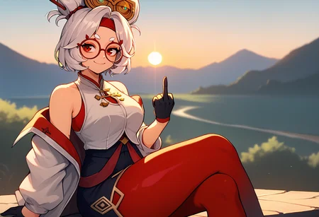 score_9, score_7_up BREAK 1girl, purah,white hair,red eyes,hair ornament, red headband, red glasses, sleeveless shirt, white coat, black skirt, red leggings, gloves,smug,middle finger,wide shot,thick thighs,closed mouth,sitting,depth of field,scenery,landscape,sunset,backlighting <lora:purah-pdxl-nvwls-v1:0.7>