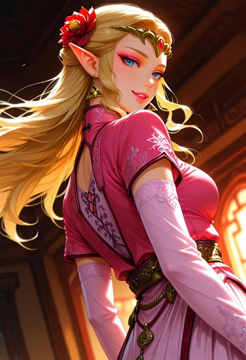 ultra realistic, masterpiece, high detailed skin, best quality, high res, very aesthetic, anime style, studio anime, source_ecchi, anime, (finely detailed face), (petite body:1.3), <lora:ootzelda-illu-nvwls-v1-000006:1> ocarzld, blonde hair, long hair, sidelocks, blue eyes, pointy ears, gold tiara, earrings, large breasts, makeup, smokyeyes, lash, pink mascara, puffy lips, glossy pink lips, 1girl, floating hair, jewelry, long hair, hair ornament, solo, flower, earrings, lips, chinese clothes, eyelashes, makeup, wind, bright red lips, red flower, dress, looking back, long sleeves, lipstick, hair flower, breasts, naughty grin on her lips, short sleeves, and the lighting is soft and warm. dramatic scenery, intricate details, (blurry background, depth of field:1.1), erotic and aesthetic, lascivious pose, aroused, dynamic dutch angle, from below, blurry background, bright colors, stunningly artwork, (blurry background, depth of field:1.1),