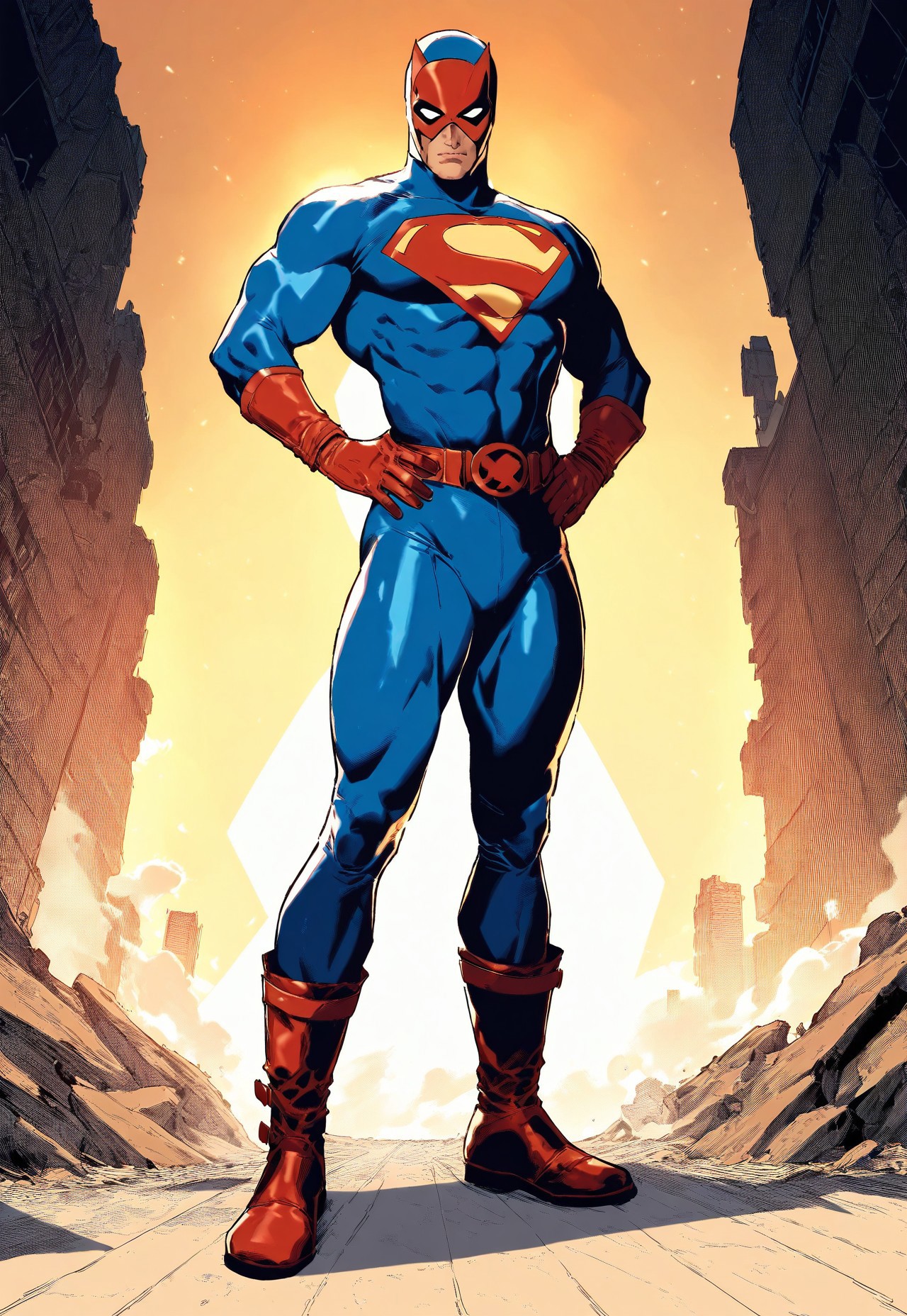 masterpiece, high score, great score, absurdres, SUP3RH3R0 Style, 1boy, male focus, solo, mask, superhero, boots, hands on hips, belt, bodysuit, gloves, skin tight, full body, standing, muscular, looking at viewer, comic art style