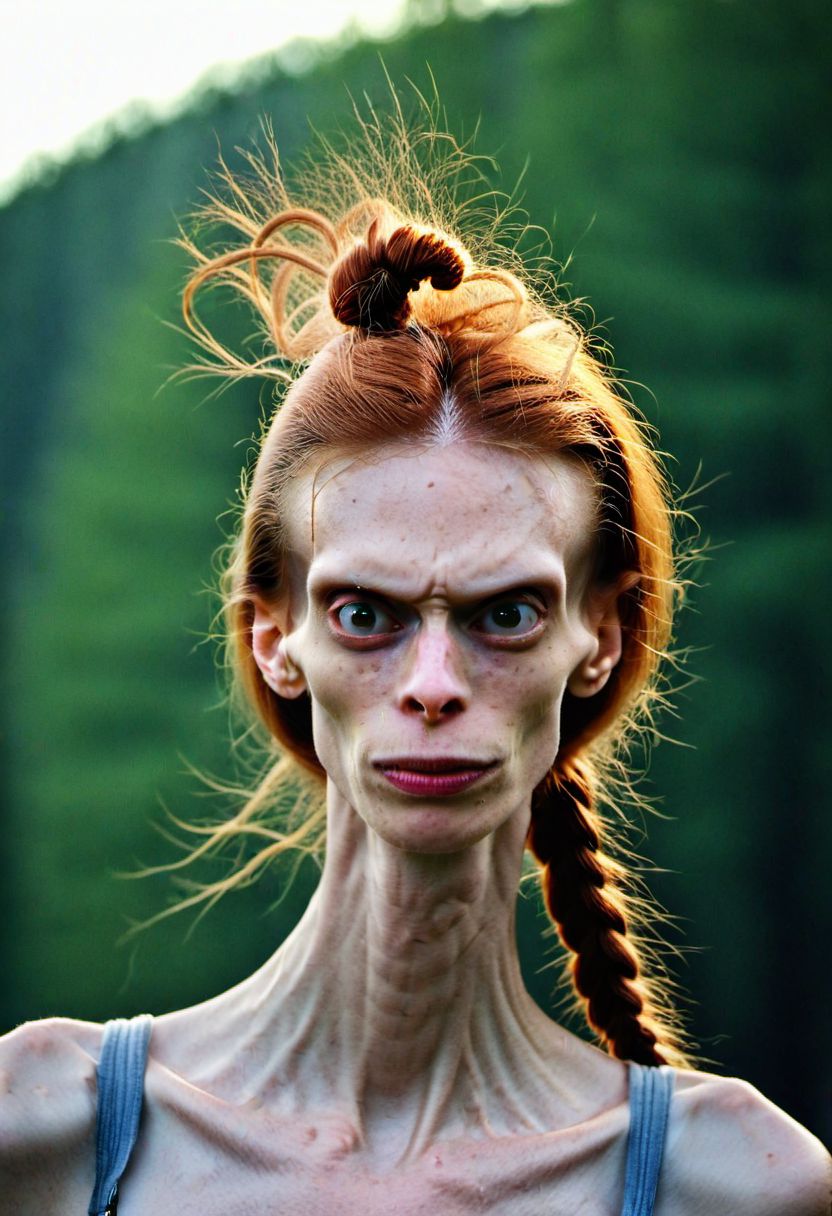 portrait photograph of ((Helga:1.2)) very ugly, detailed acne, red hair, shirtless overall, long neck,braided hair, (sultry flirty look), ((gorgeous symmetrical face)), cute natural makeup, realistic, concept art, elegant, highly detailed, intricate, sharp focus, depth of field, f/1. 8, 85mm, medium shot, mid shot, (((professionally color graded))), sharp focus, bright soft diffused light, (volumetric fog),