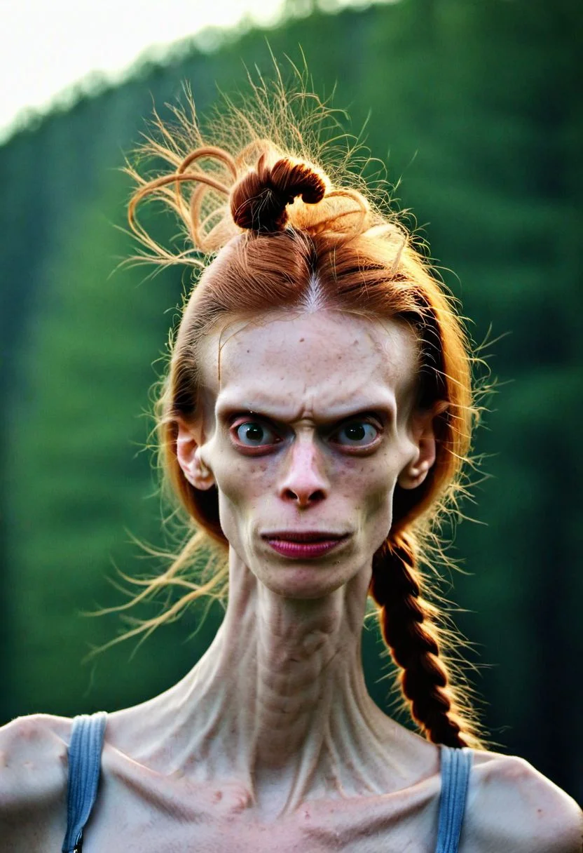 portrait photograph of ((Helga:1.2)) very ugly, detailed acne, red hair, shirtless overall, long neck,braided hair, (sultry flirty look), ((gorgeous symmetrical face)), cute natural makeup, realistic, concept art, elegant, highly detailed, intricate, sharp focus, depth of field, f/1. 8, 85mm, medium shot, mid shot, (((professionally color graded))), sharp focus, bright soft diffused light, (volumetric fog),
