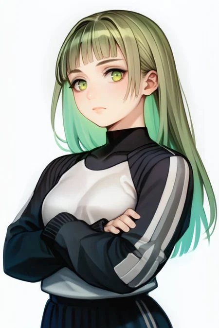 vani-13s, score_9, score_8_up, score_7_up, 1girl, :D, dark green hair, straight-across fringe, asymmetrical sidelocks, light green eyes, grey panda costume, x arms, <lora:Vanillaware_all_in_one_PonyXL_style_v02:1>