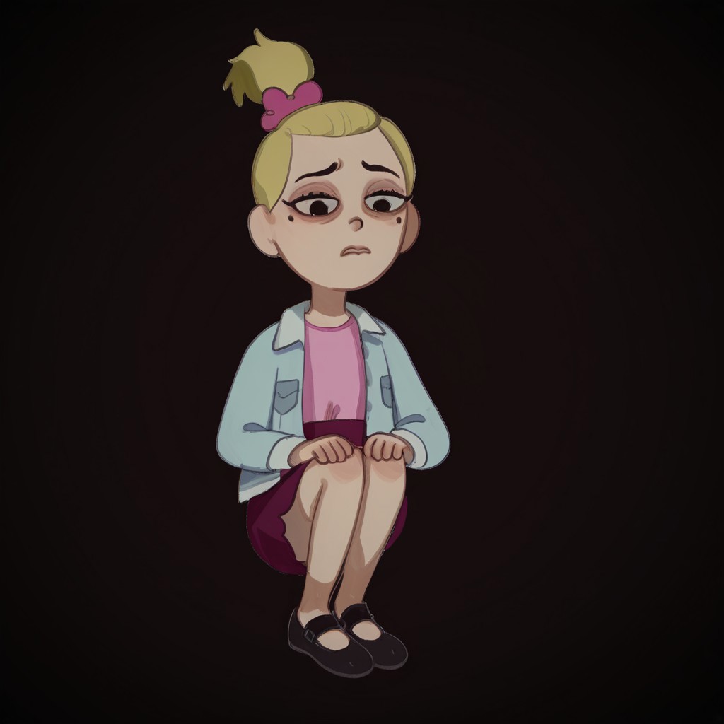 Sasha, 1girl, alone, short stature, blonde hair tied in a ponytail with a dark pink bow, mole on left cheek, light blue jacket, light pink shirt, dark pink skirt, black strap shoes, 
Mossastyle
Sasha on her knees, her gaze sad and dull. Black background.