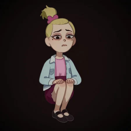 Sasha, 1girl, alone, short stature, blonde hair tied in a ponytail with a dark pink bow, mole on left cheek, light blue jacket, light pink shirt, dark pink skirt, black strap shoes, 
Mossastyle
Sasha on her knees, her gaze sad and dull. Black background.