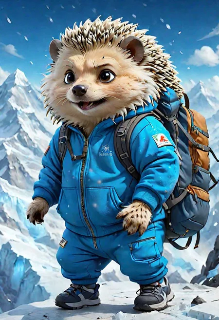 postcard, chubby Siberian hedgehog in a tracksuit with a backpack, conquers Everest, ice , flying particles, blurred background, depth of field, ultra quality, 8k,