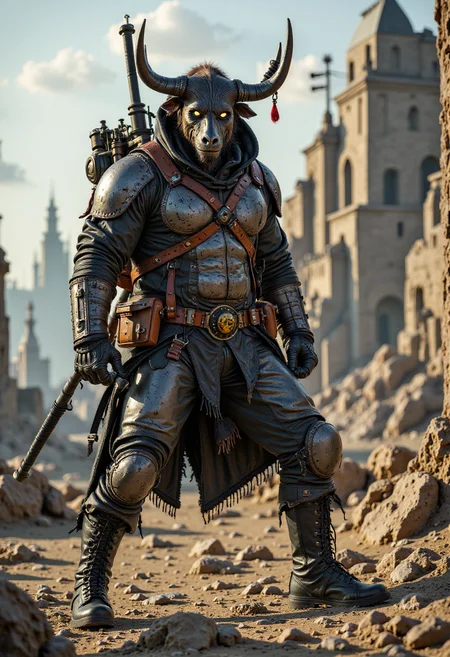 Post-Apocalyptic_Survivor, striking Minotaur